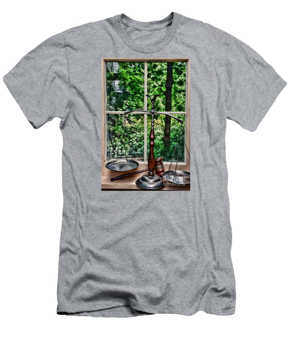 Paul Ward T-Shirt featuring the photograph Attorney - Scales of Justice in the Window by Paul Ward