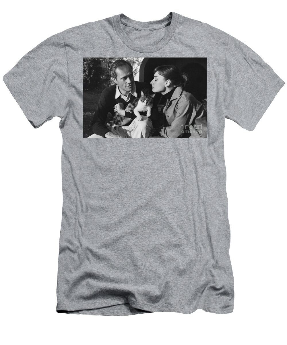 B&w T-Shirt featuring the photograph Audrey Hepburn and Mel Ferrer by George Daniell