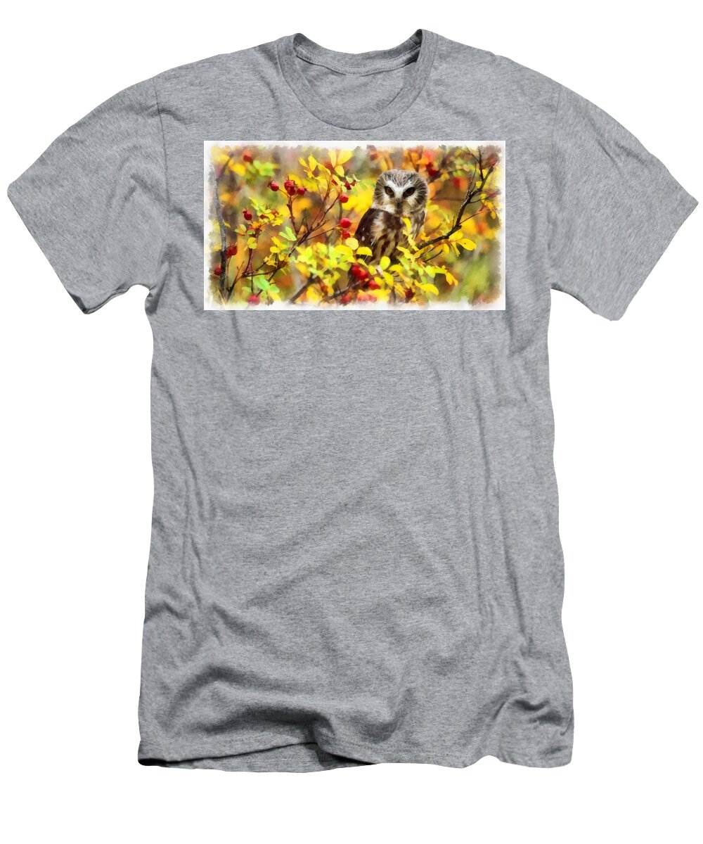 Autumn Owl T-Shirt featuring the painting Autumn Owl by Maciek Froncisz
