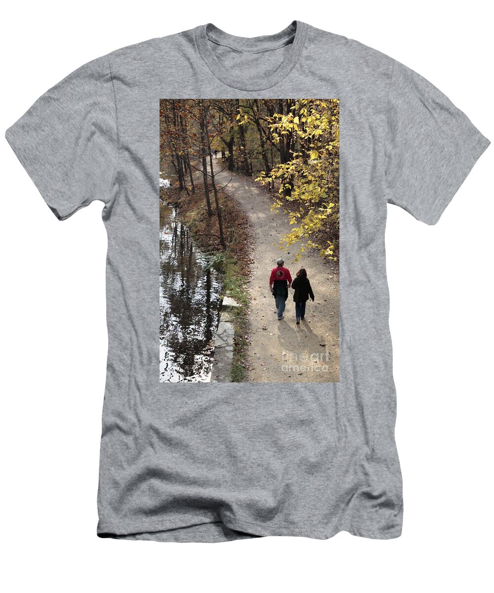 Autumn T-Shirt featuring the digital art Autumn Walk on the C and O Canal Towpath with oil painting effect by William Kuta