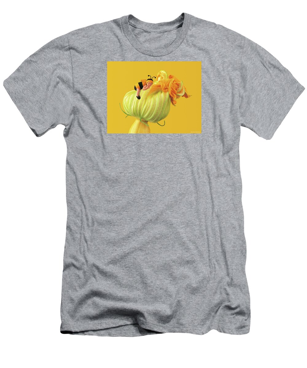 Yellow T-Shirt featuring the photograph Baby Bee on a Pumpkin Flower by Anne Geddes