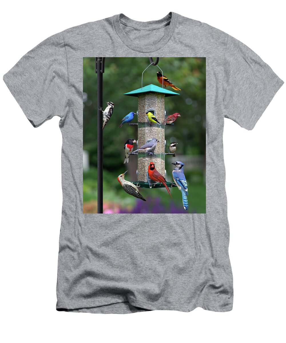 Birds T-Shirt featuring the photograph Backyard Bird Feeder by Larry Landolfi