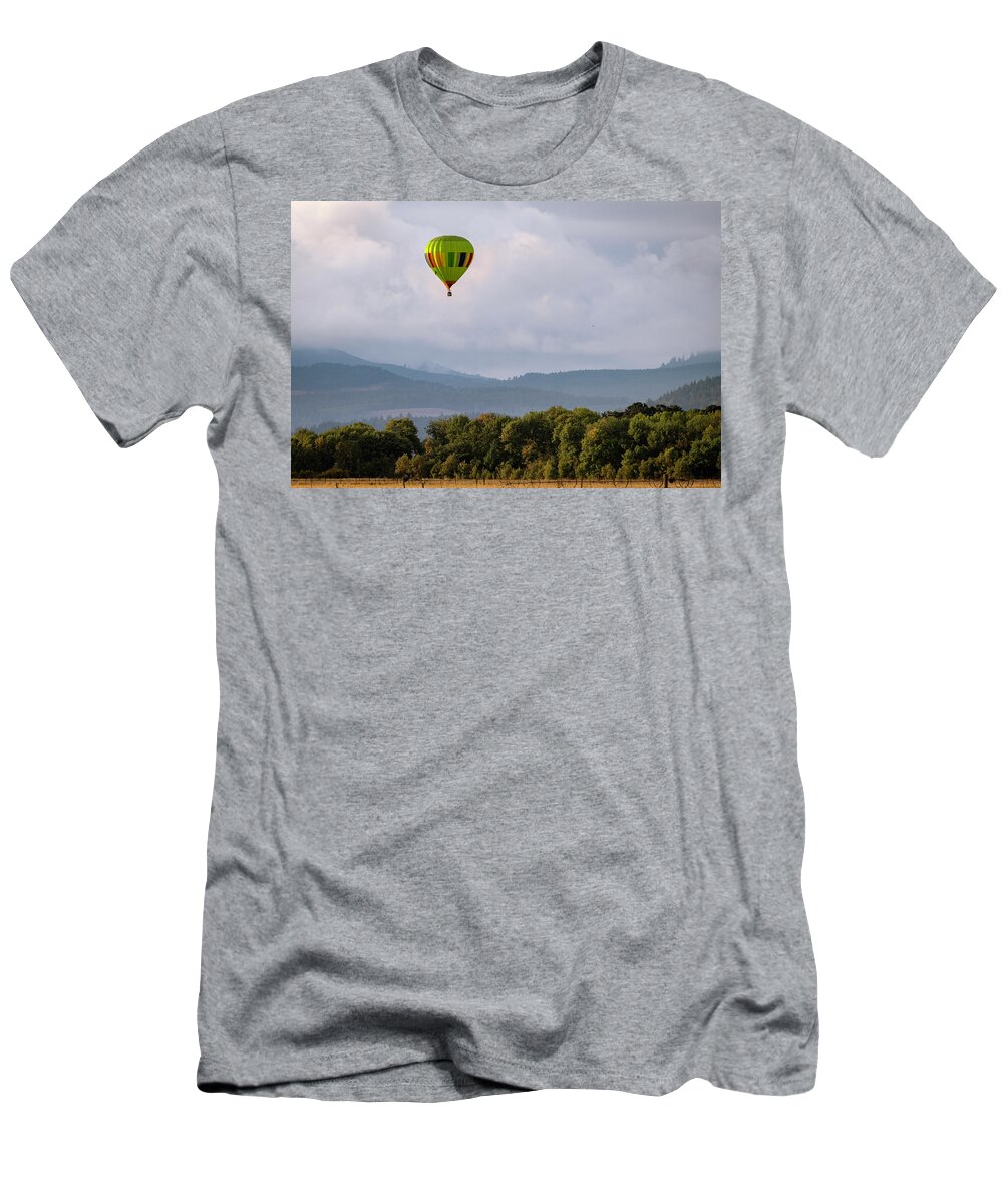 Hot Air Balloon T-Shirt featuring the photograph Balloon Over Farmland by Catherine Avilez