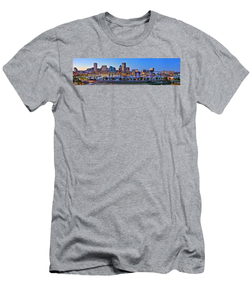 Baltimore Inner Harbor Skyline T-Shirt featuring the photograph Baltimore Skyline Inner Harbor Panorama at Dusk by Jon Holiday