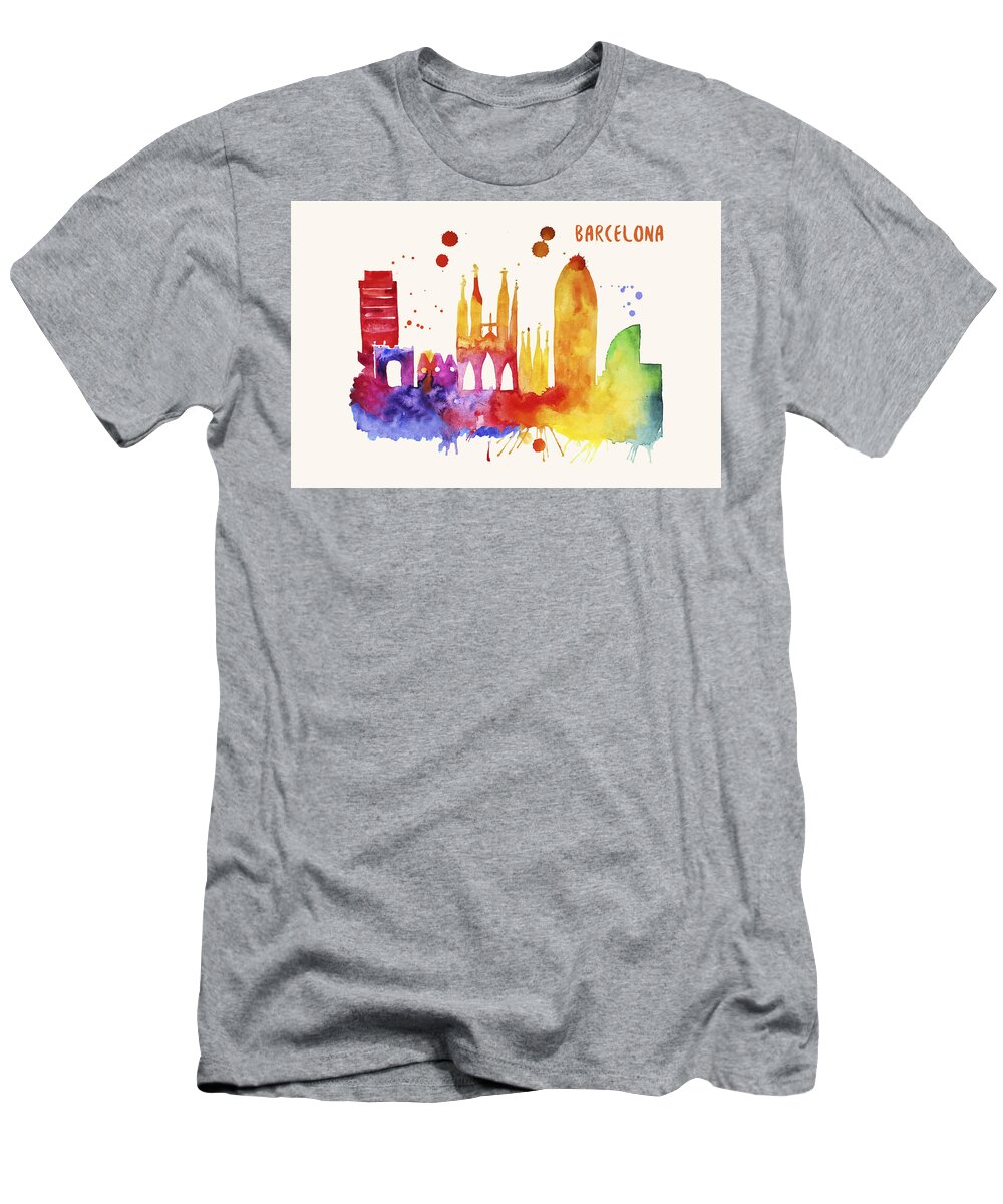 Barcelona T-Shirt featuring the painting Barcelona Skyline Watercolor Poster - Cityscape Painting Artwork by Beautify My Walls