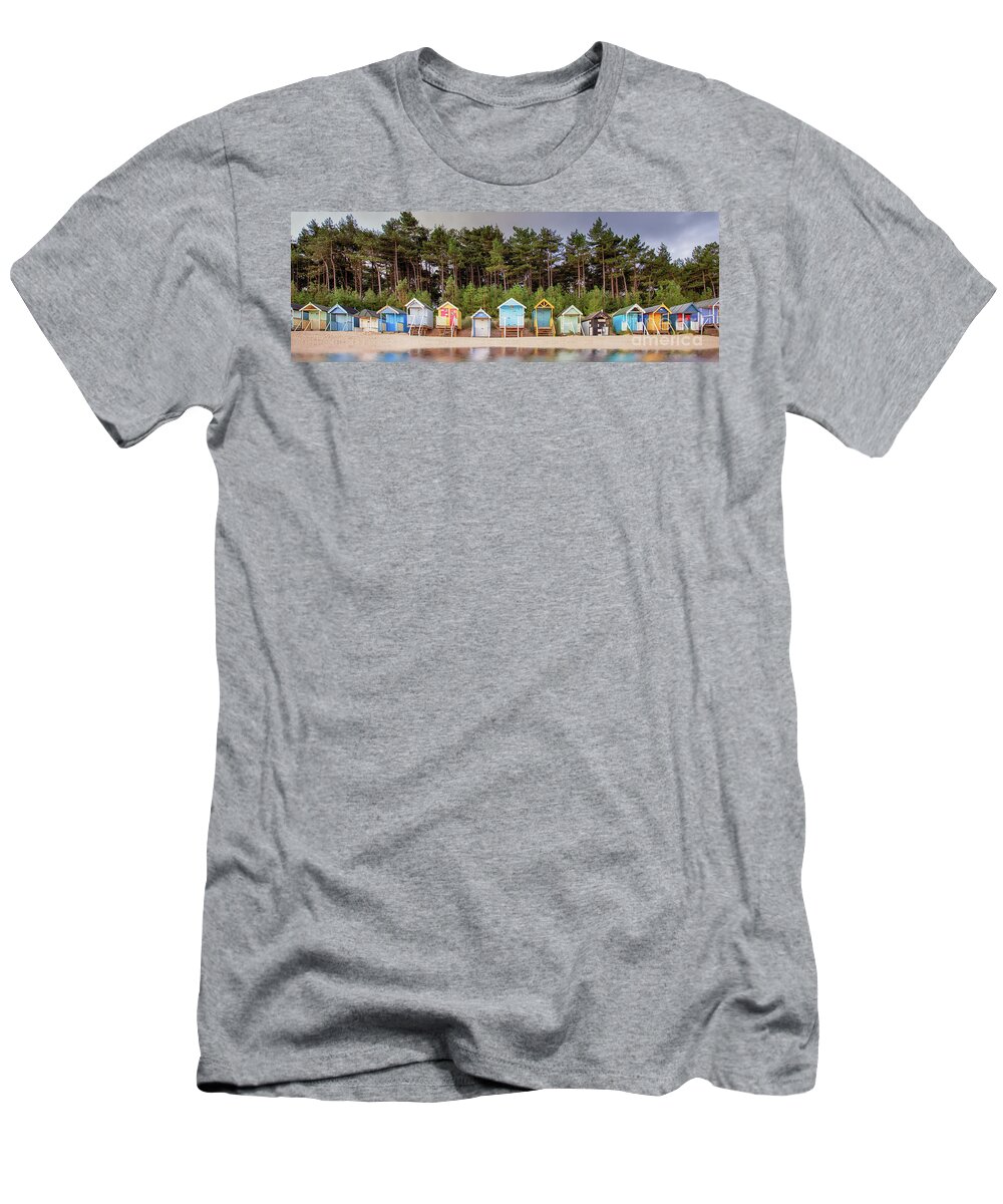 Wells T-Shirt featuring the photograph Beach hut row on the Norfolk coast by Simon Bratt