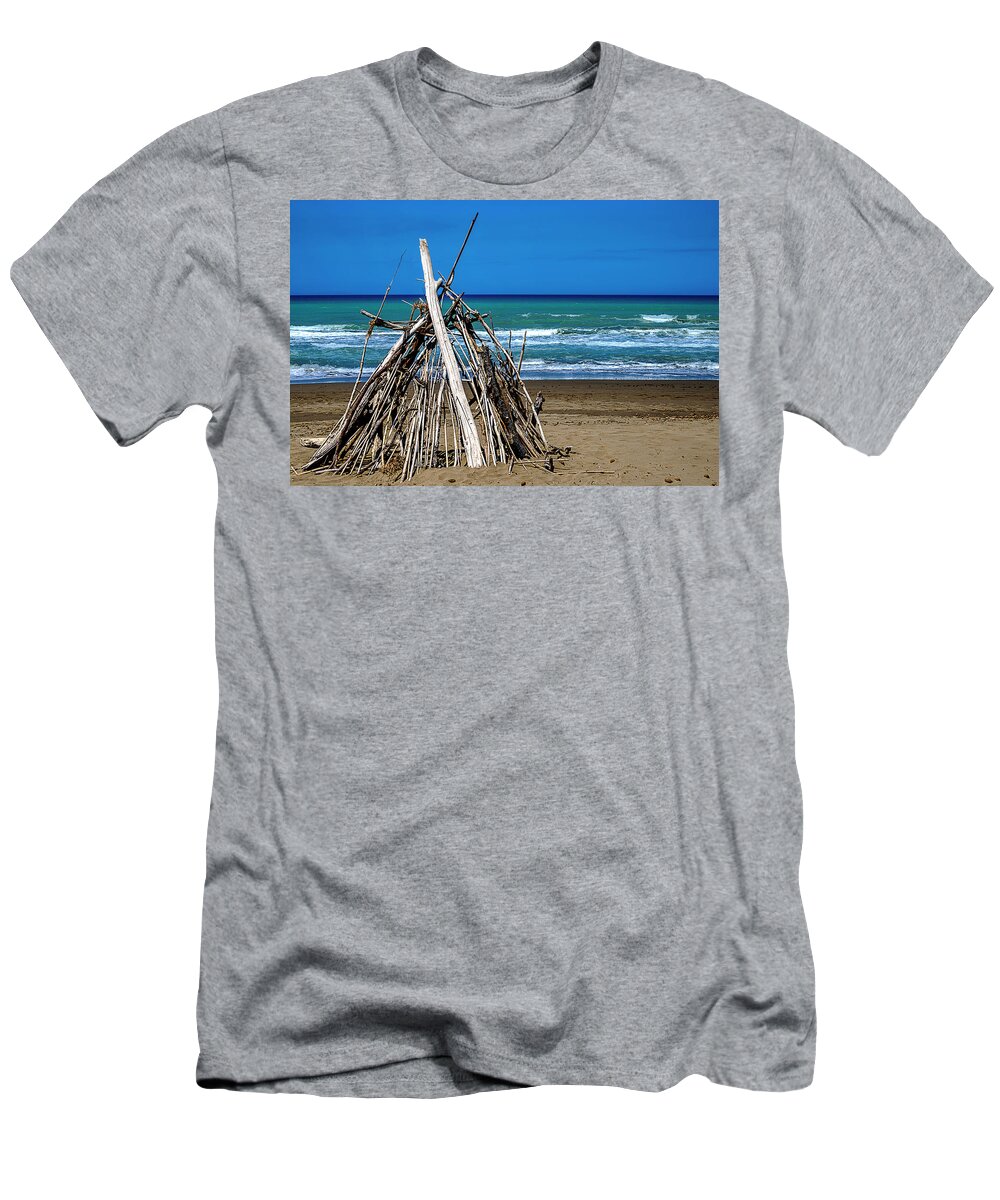 Passeggiatealevante T-Shirt featuring the photograph Beach With Wooden Tent - Spiaggia Con Tenda Di Legno by Enrico Pelos