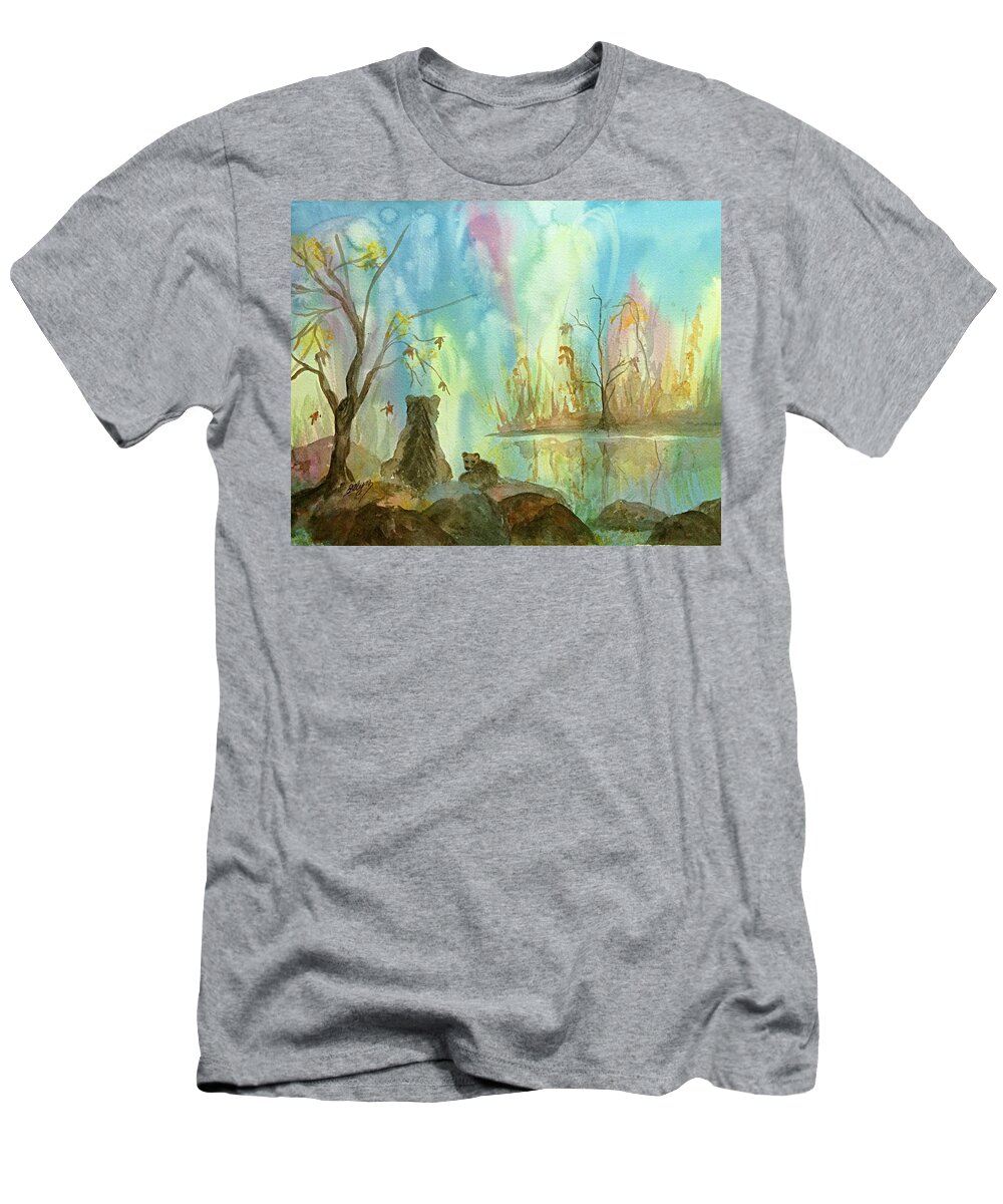 Bears T-Shirt featuring the painting Bears Watching the Aurora by Ellen Levinson