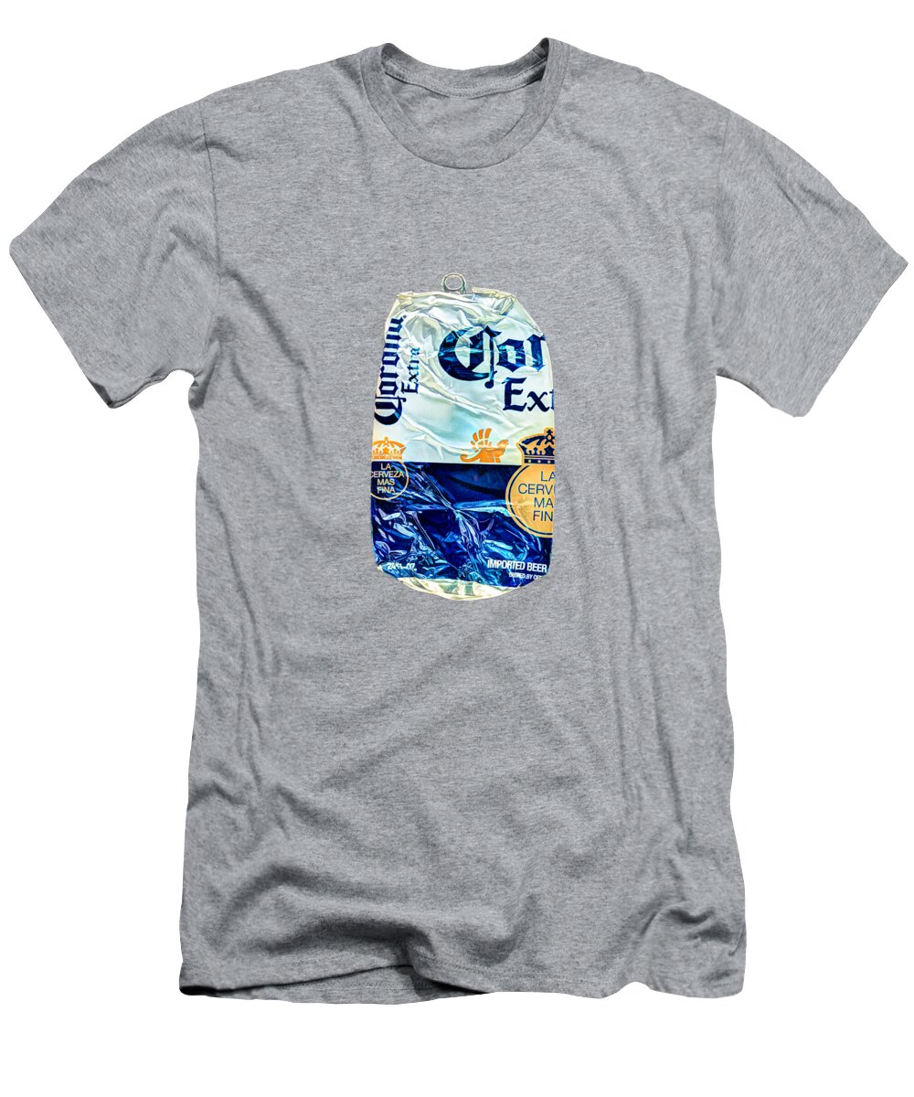 Beer Can T-Shirt featuring the photograph Beer Can Extra Blue Crushed on Plywood 81 by YoPedro