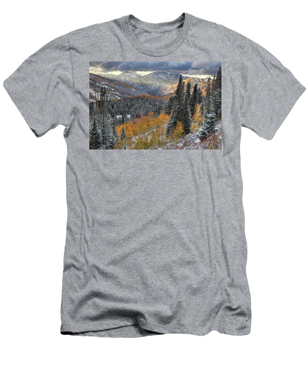 Utah T-Shirt featuring the photograph Big Cottonwood Canyon Early Snow and Fall Color by Brett Pelletier