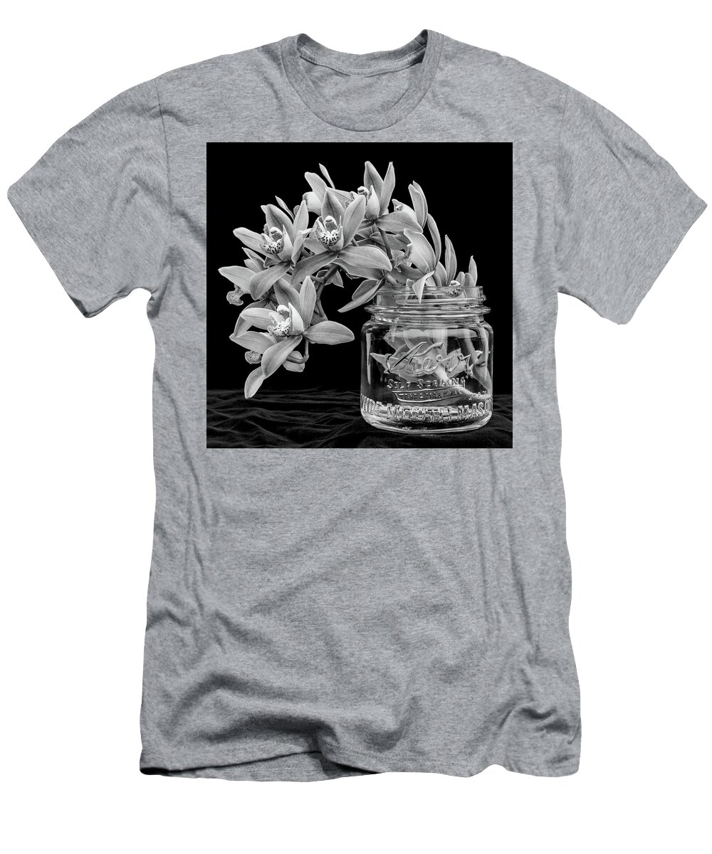 Orchid T-Shirt featuring the photograph Black and White Orchid Antique Mason Jar by Kathy Anselmo