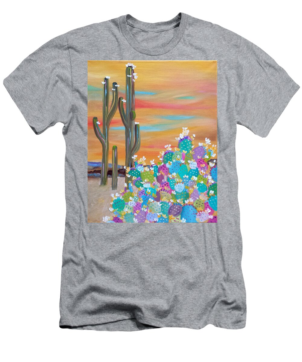 Cactus T-Shirt featuring the painting Blooming Cacti by Judith Rhue