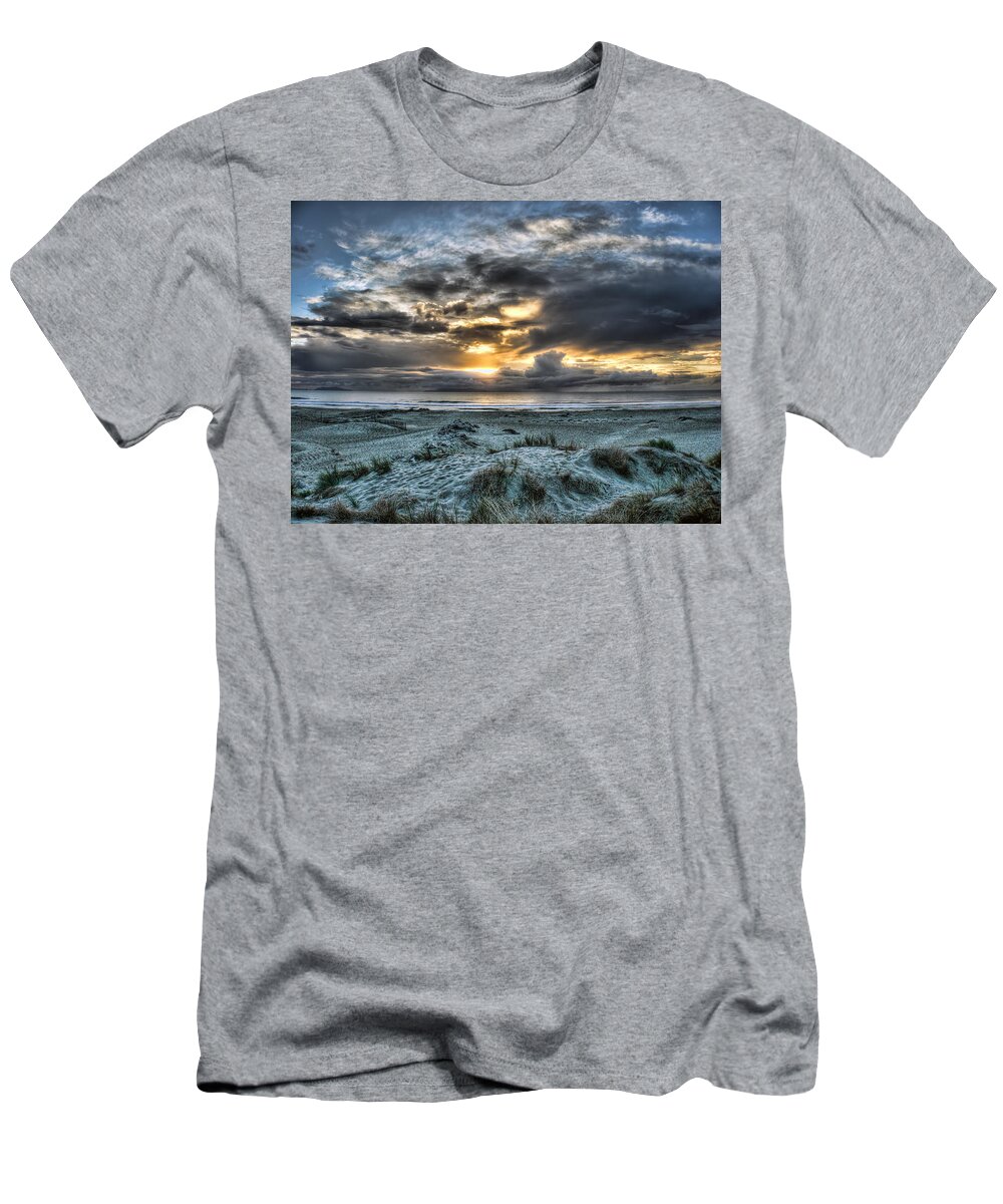 Sand Dunes Seascape Clouds Sunset Blue Dream T-Shirt featuring the photograph Blue and Gold by Wendell Ward