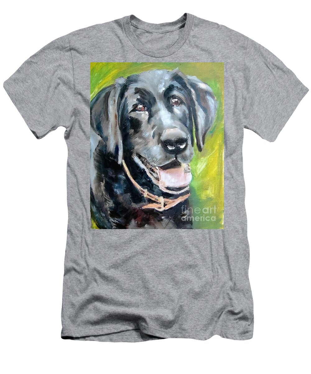 Dog T-Shirt featuring the painting 'Blue' black labrador by Angela Cartner