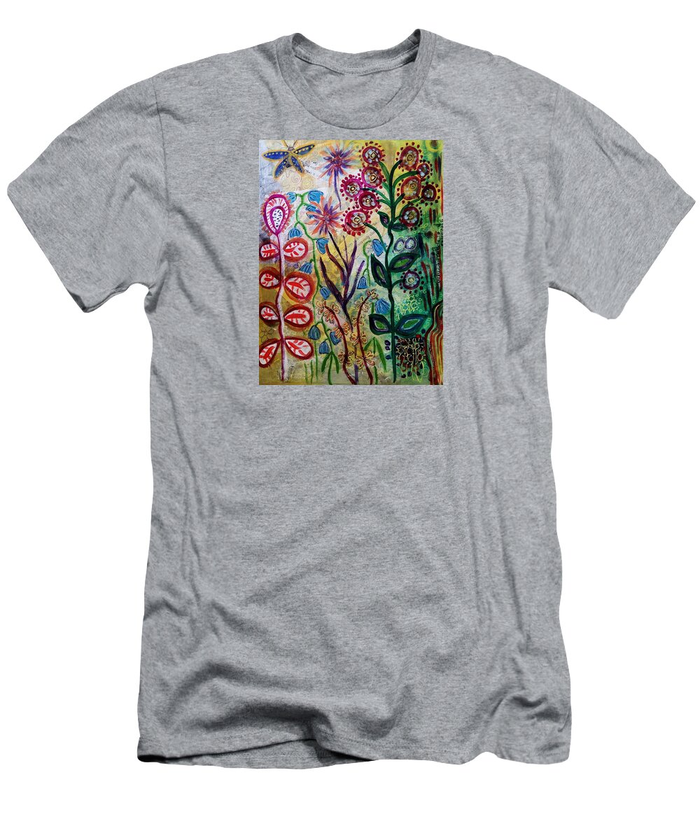 Flower T-Shirt featuring the mixed media Blue Bug in the Magic Garden by Mimulux Patricia No