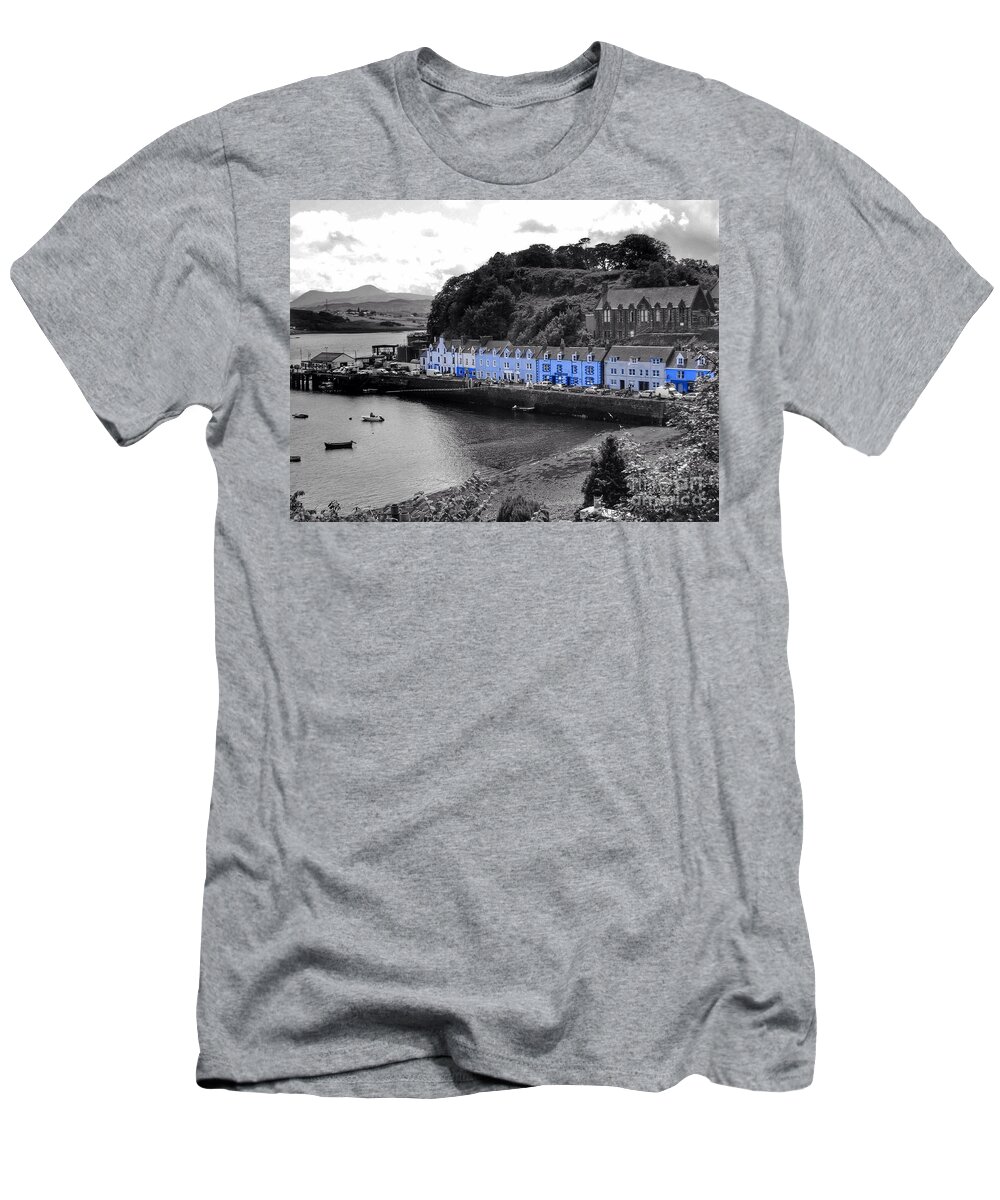 Portree T-Shirt featuring the photograph Blue Cottages at Portree Harbour 5 by Joan-Violet Stretch