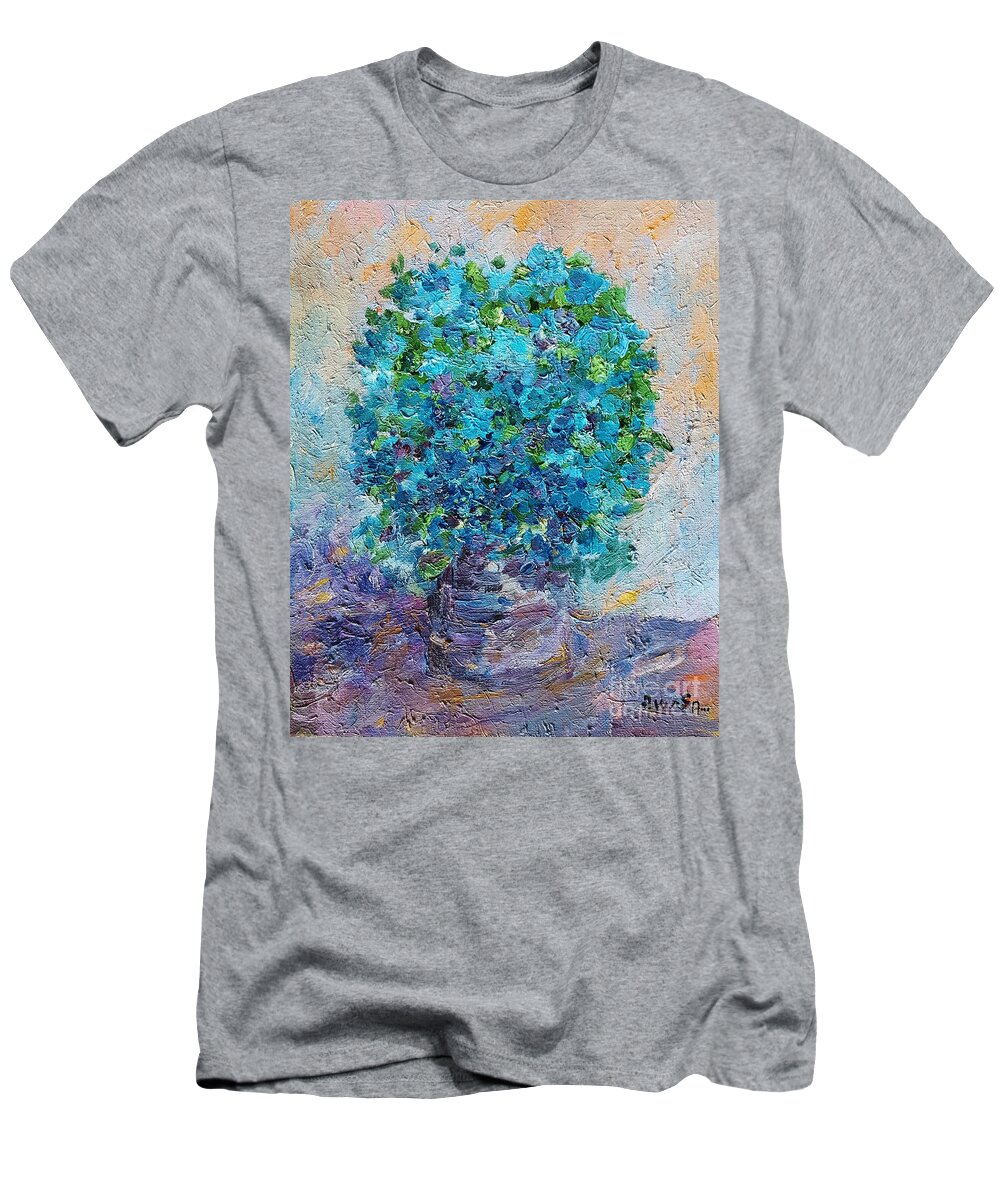 Still Life T-Shirt featuring the painting Blue flowers in a vase by Amalia Suruceanu