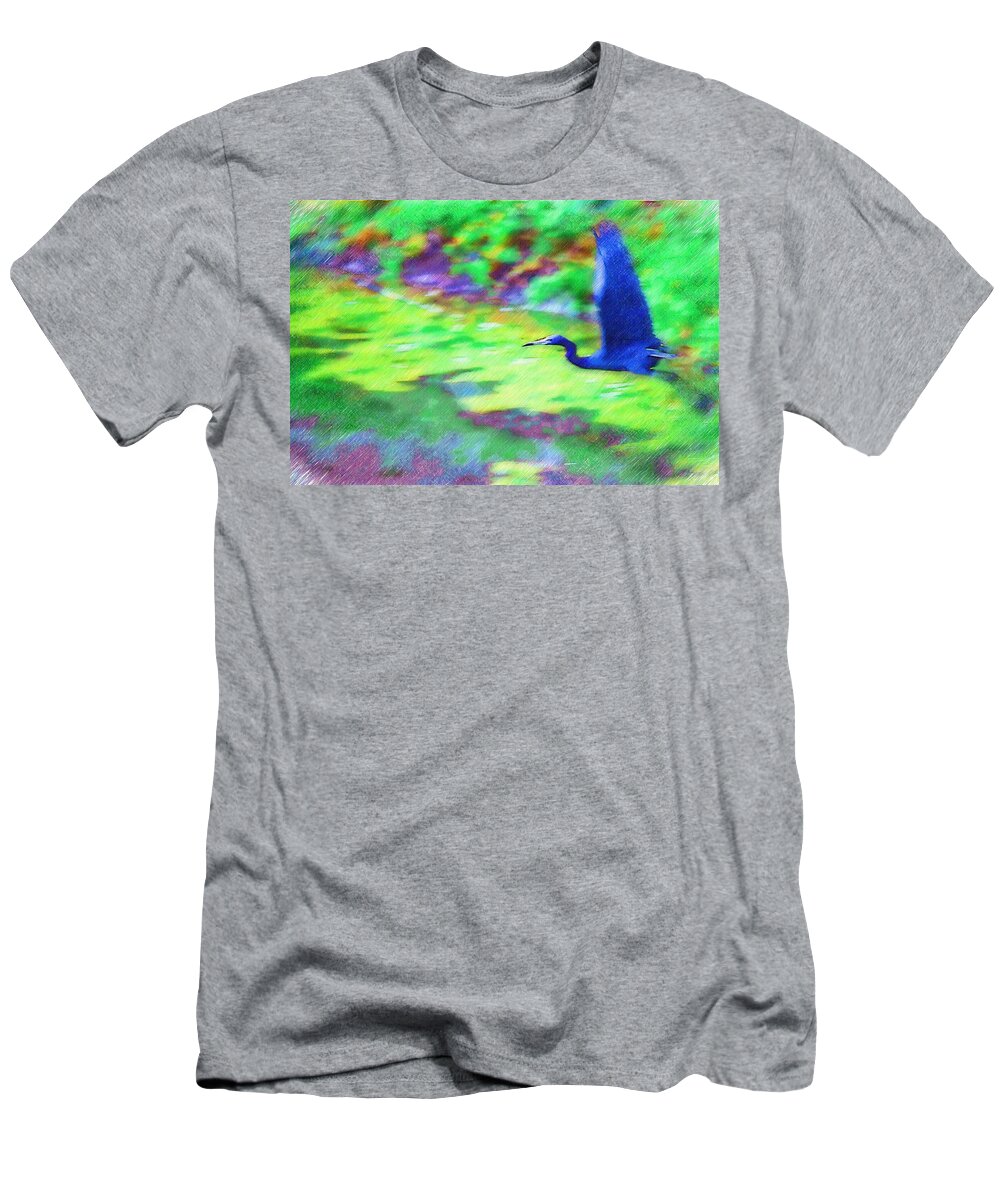 Blue T-Shirt featuring the photograph Blue Heron In Flight by Donna Bentley