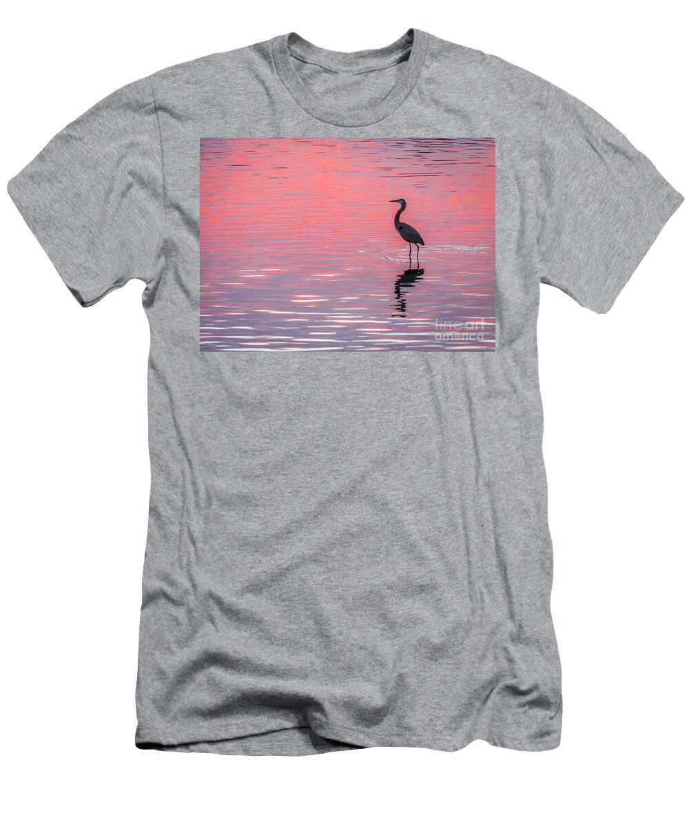 Blue Heron T-Shirt featuring the photograph Blue Heron - Pink Water by Tom Claud
