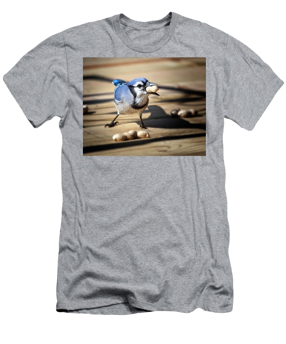 Blue Jay T-Shirt featuring the photograph Blue Jay eating a Peanut by Al Mueller