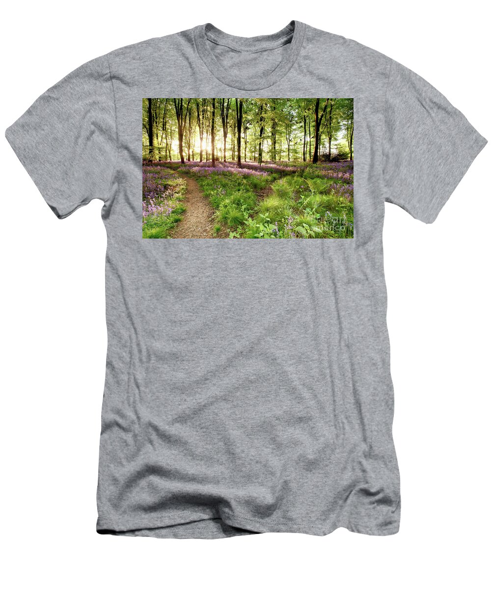 Bluebells T-Shirt featuring the photograph Bluebell woods with birds flocking by Simon Bratt