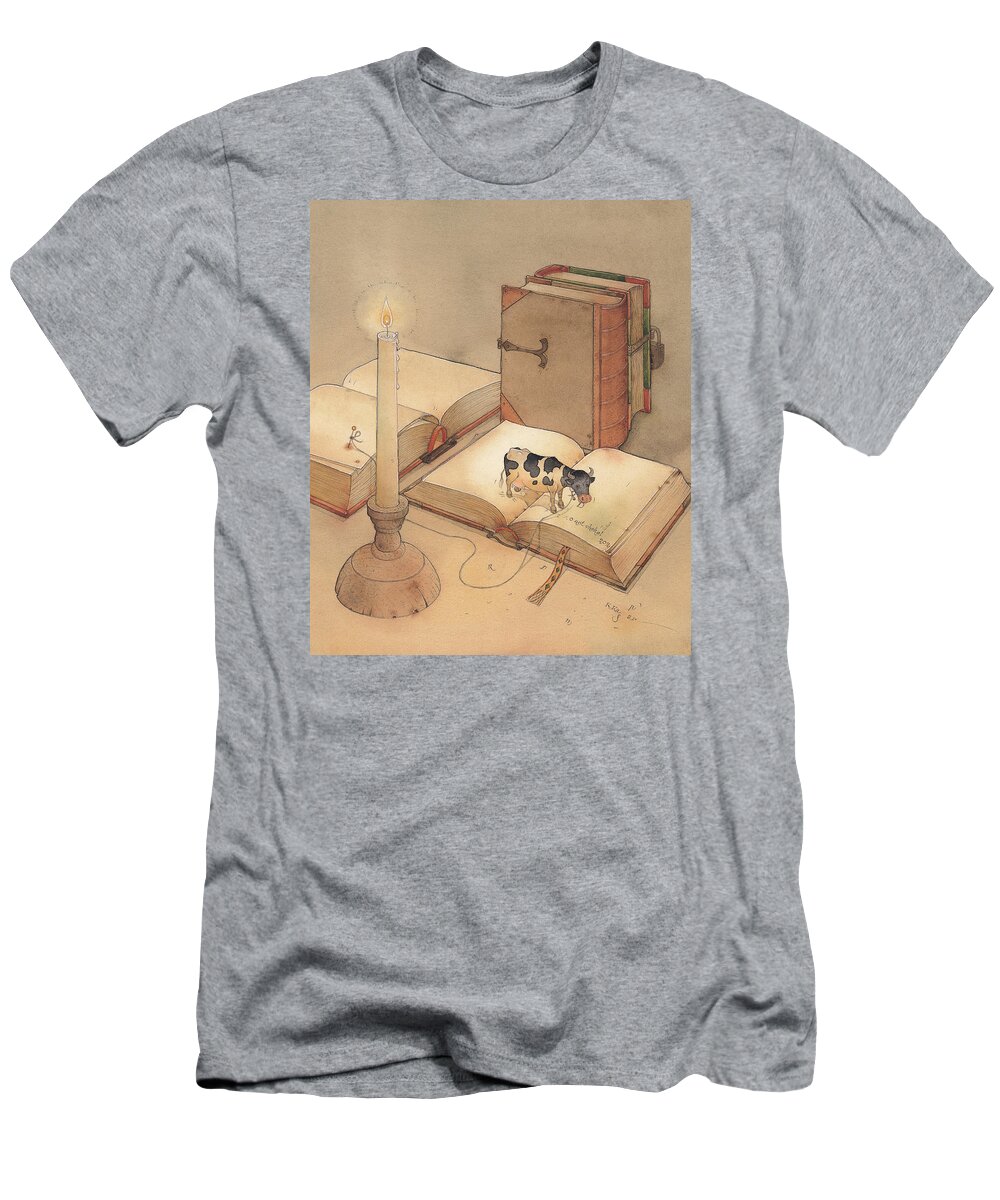 Science Books Cow Candle Reading T-Shirt featuring the painting Bookish Cow by Kestutis Kasparavicius