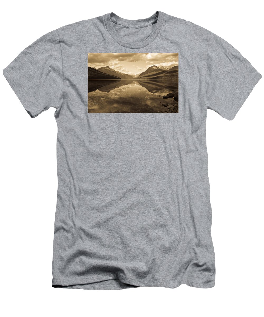 Mountain T-Shirt featuring the photograph Bowman Lake, sepia by Jedediah Hohf