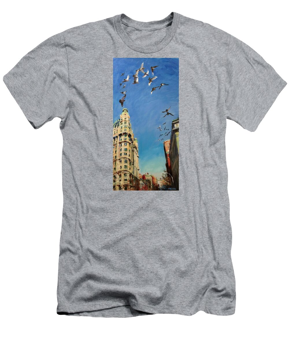 New York T-Shirt featuring the painting Broadway Pigeons No. 1 by Peter Salwen