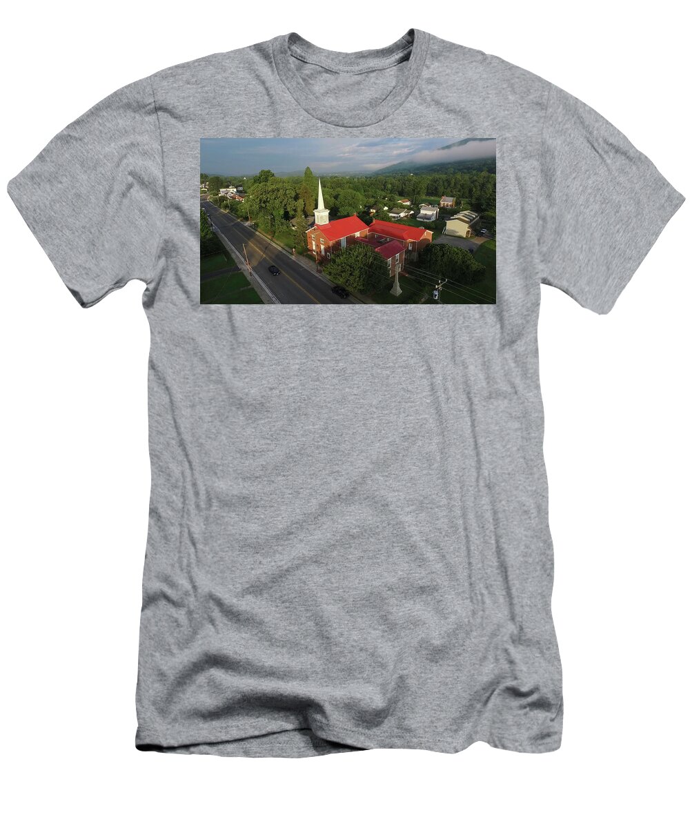 Buchanan T-Shirt featuring the photograph Buchanan Presbyterian Church Morning by Star City SkyCams