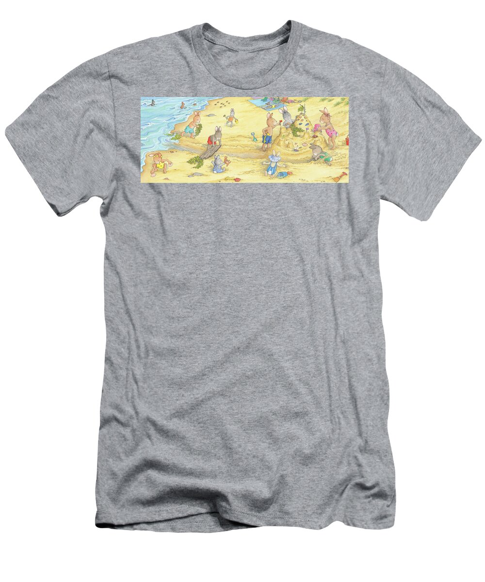 Sunny Bunnies T-Shirt featuring the painting Building Sandcastles -- No Text by June Goulding