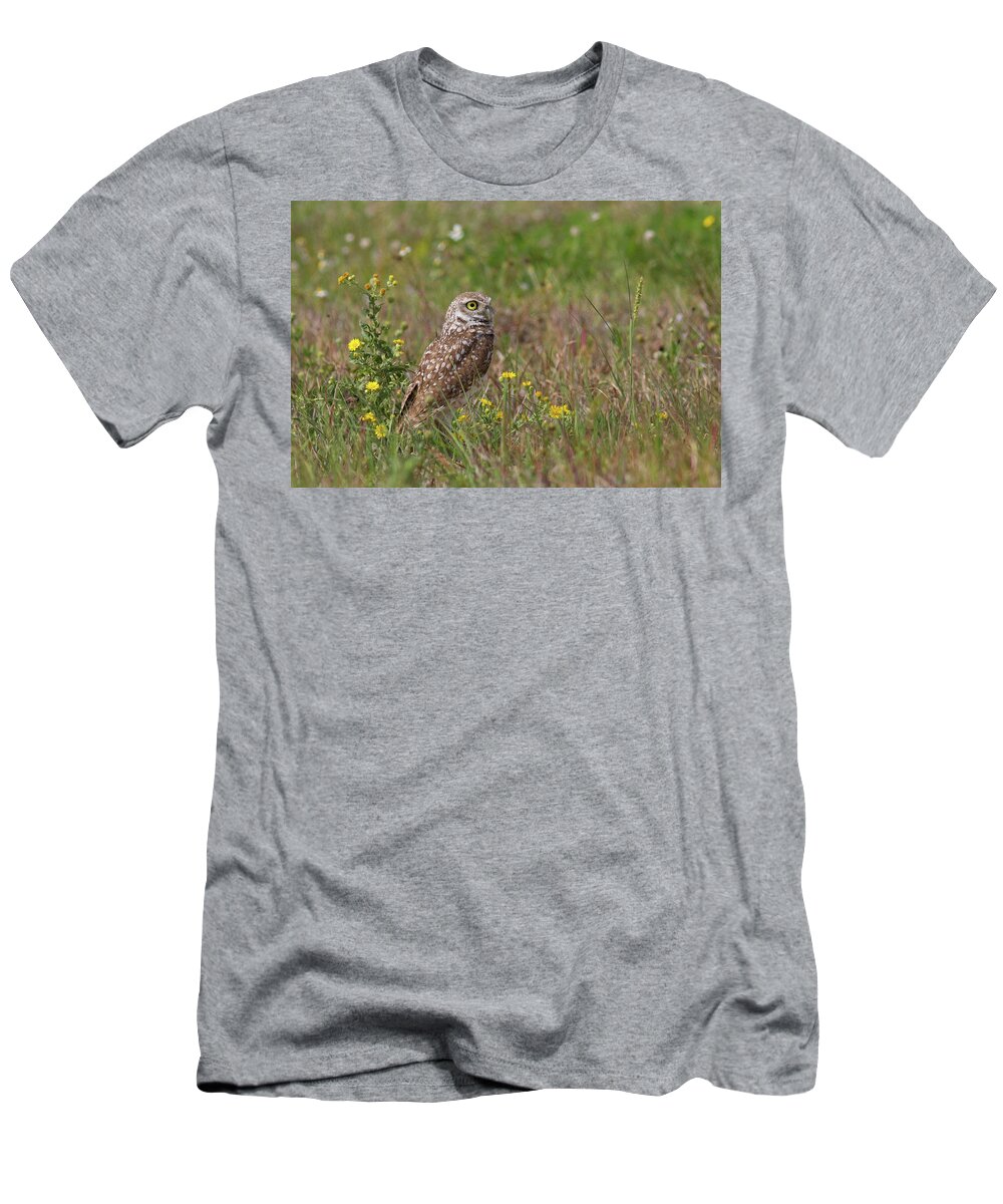 Owl T-Shirt featuring the photograph Burrowing Owl and Flowers by Paul Rebmann