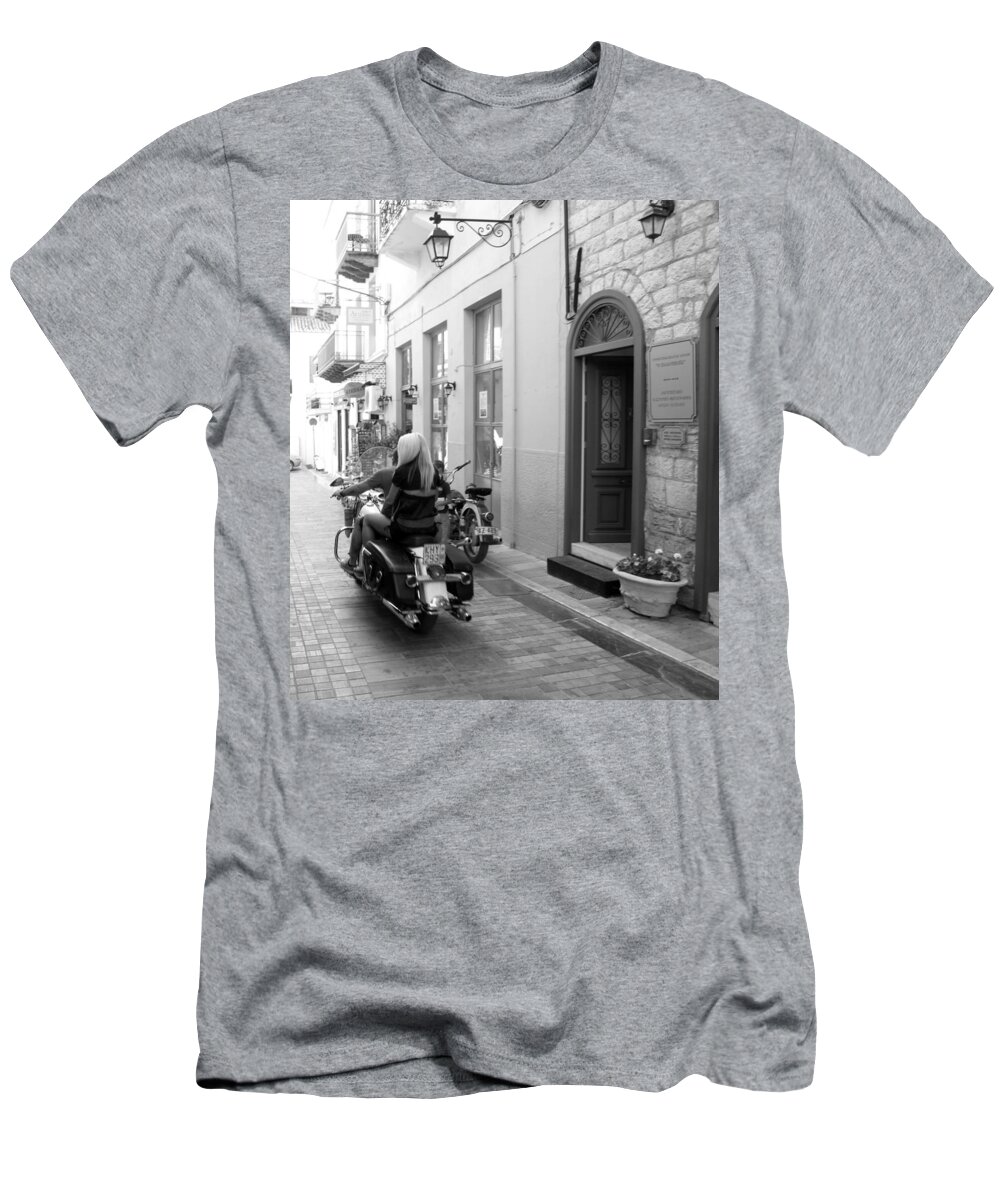 Motorcycle T-Shirt featuring the photograph BW Girl Riding on Motorcycle with Handsome Bike Rider Speed Stone Paved Street Nafplion Greece by John Shiron