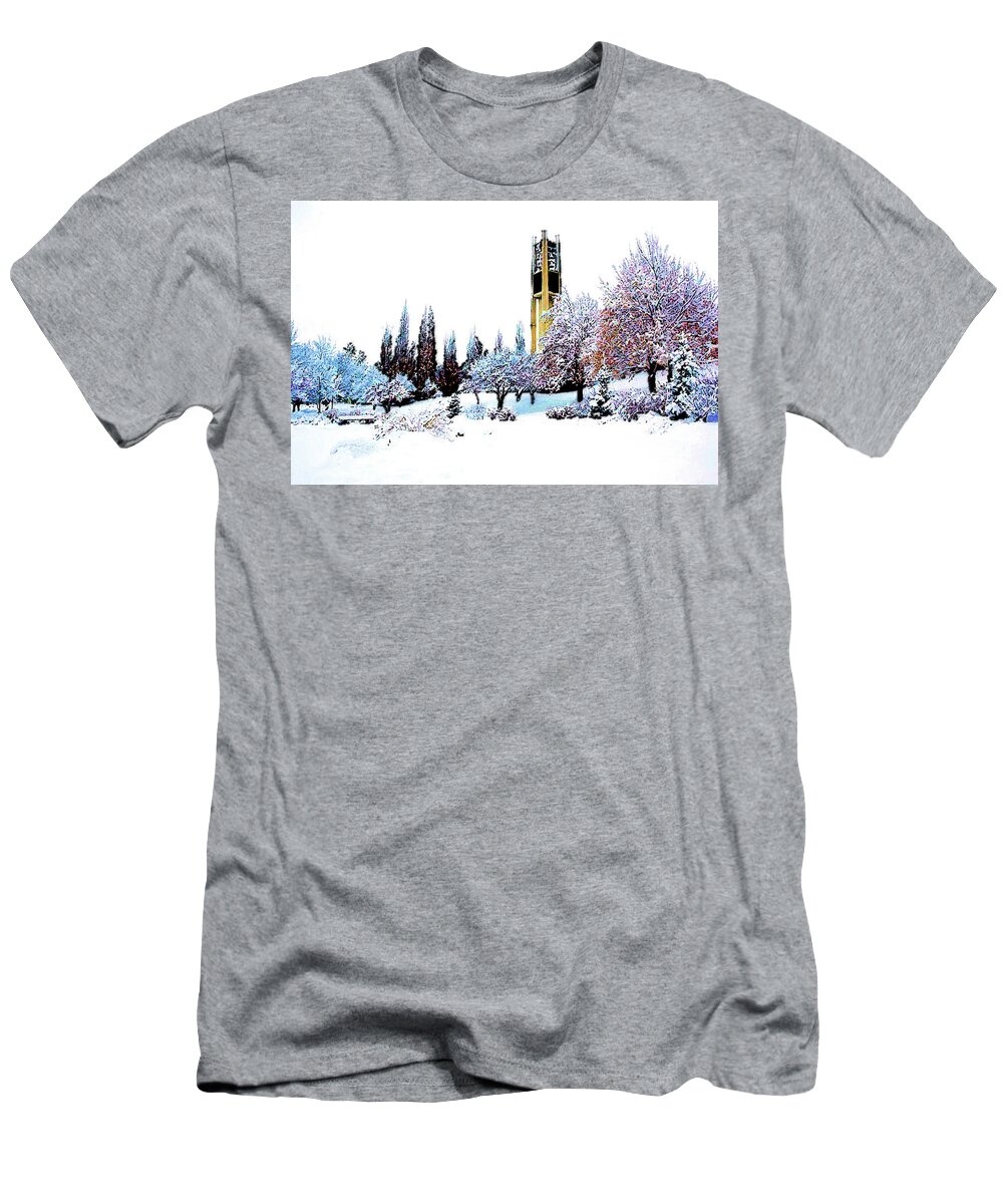 Byu T-Shirt featuring the mixed media BYU Bell Tower by DJ Fessenden