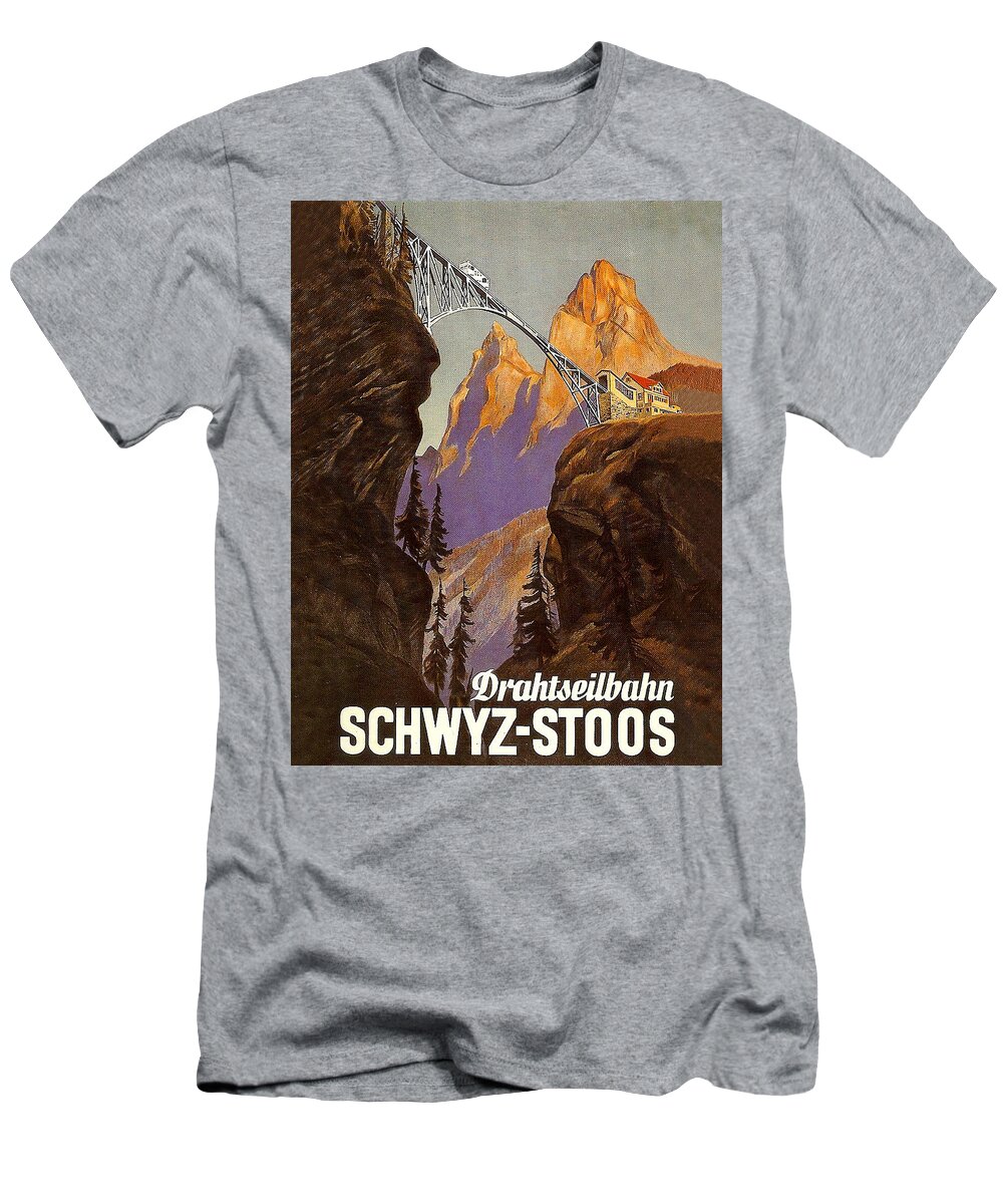 Cable T-Shirt featuring the painting Cable car on bridge, Schwyz-Stoos by Long Shot