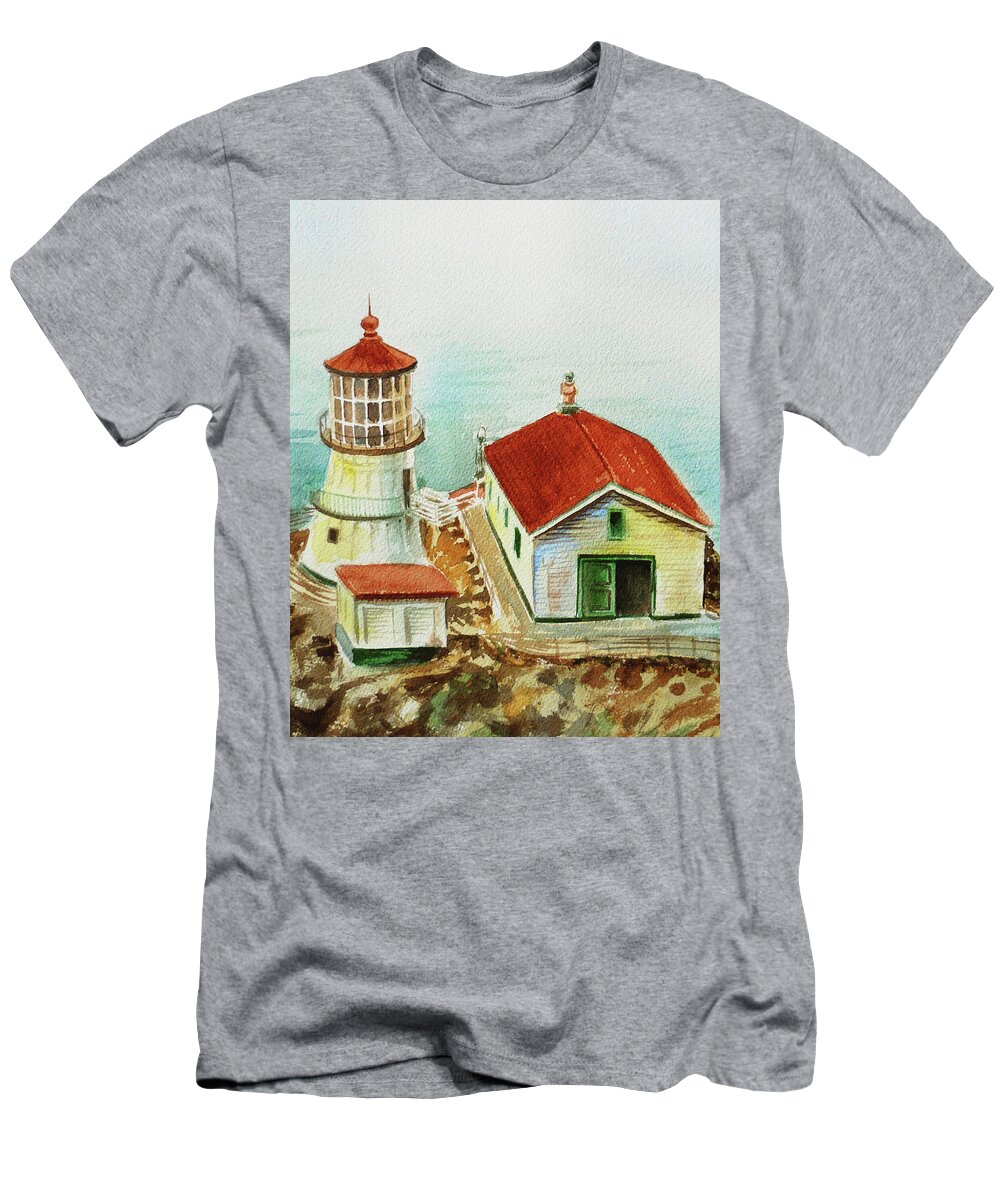 Lighthouse T-Shirt featuring the painting California Lighthouse Point Reyes by Irina Sztukowski
