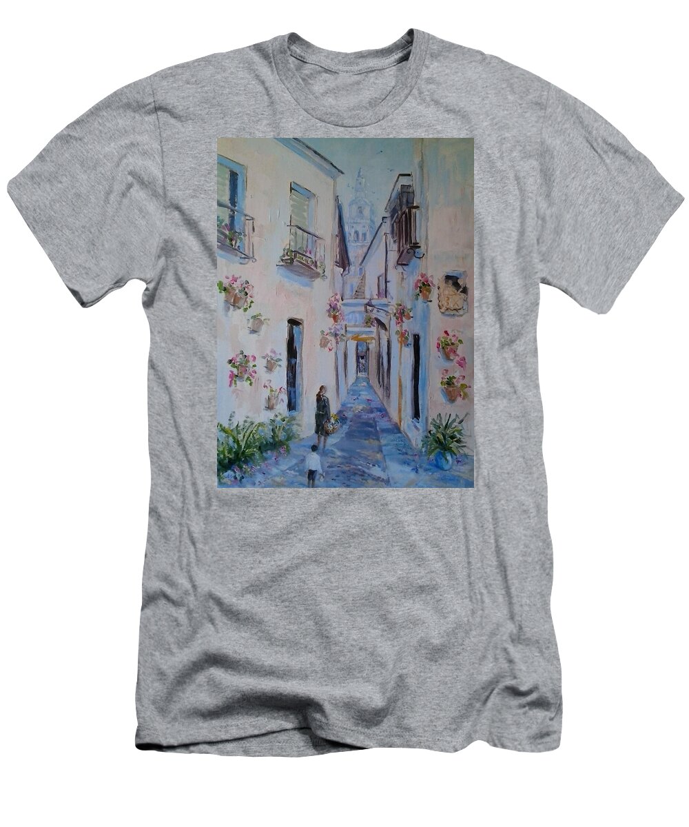  White Houses Flower Pots T-Shirt featuring the painting Callejon de las Flores Cordoba by Elinor Fletcher