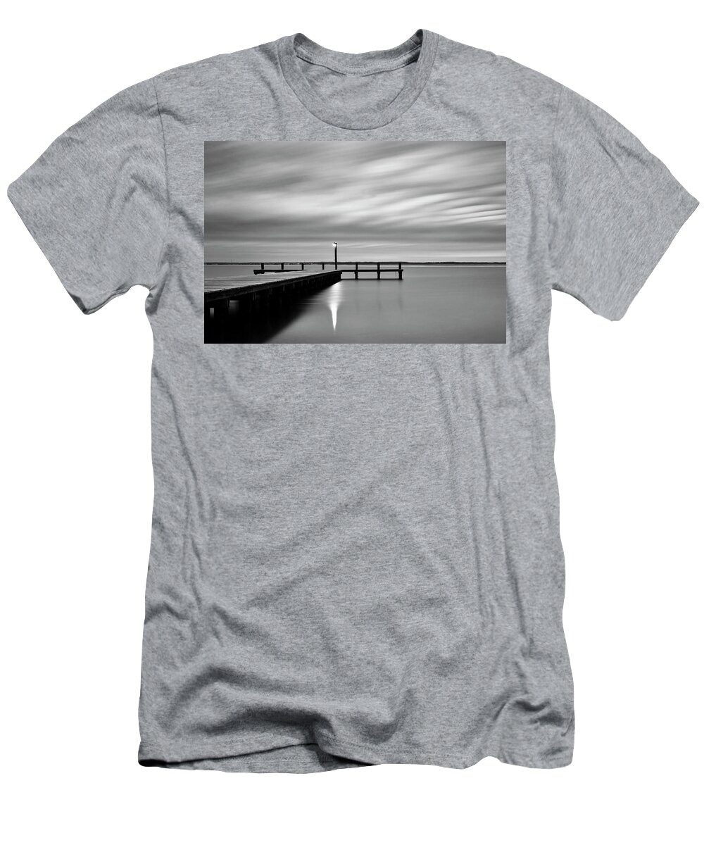 Calm Barnegat Bay New Jersey Black And White T-Shirt featuring the photograph Calm Barnegat Bay New Jersey Black and White by Terry DeLuco