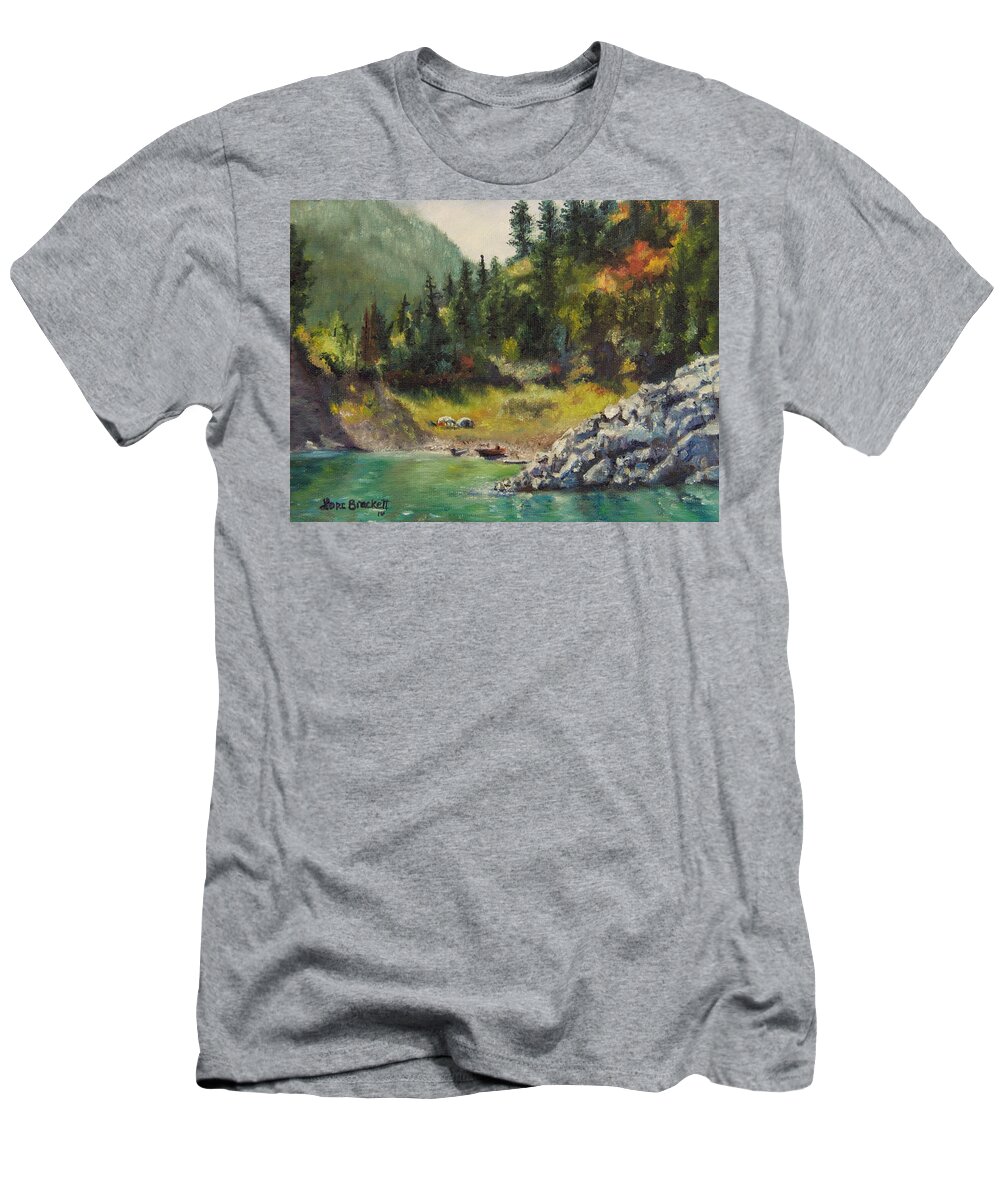Palisades Lake Idaho T-Shirt featuring the painting Camping On The Lake Shore by Lori Brackett