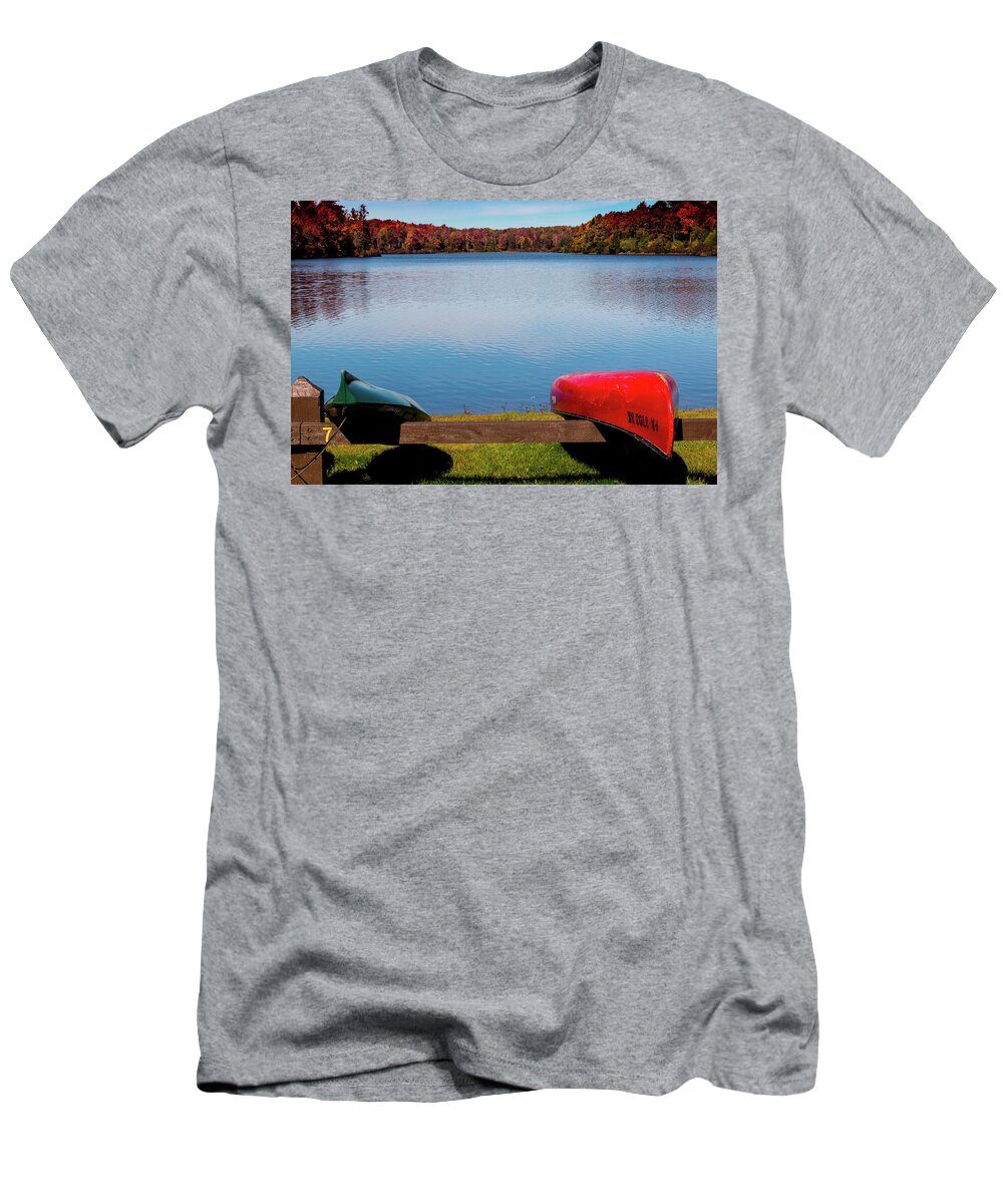 Autumn T-Shirt featuring the photograph Canoes at Ricketts Glen State Park by Barry Wills