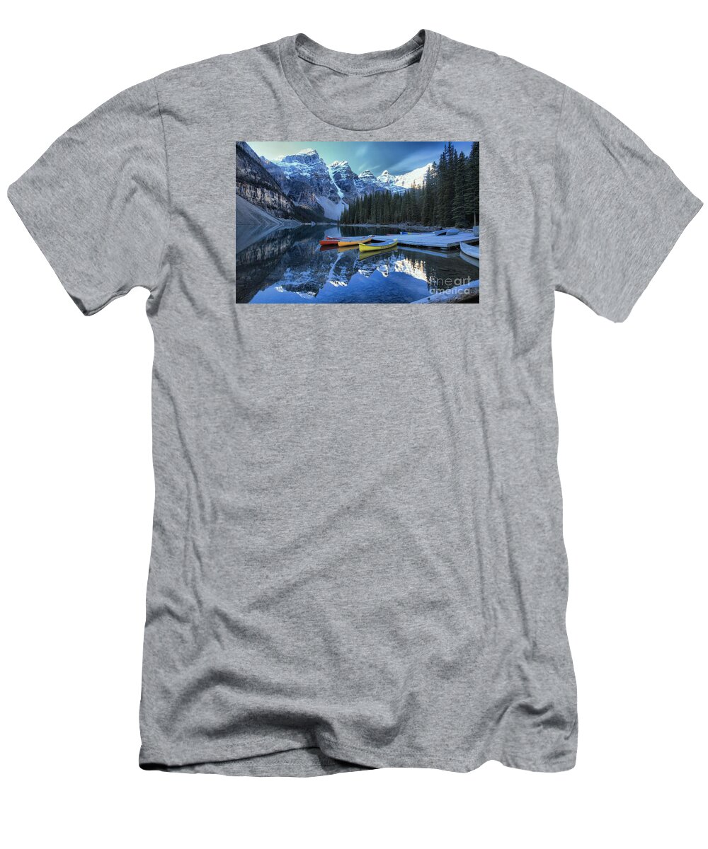 Moraine Lake T-Shirt featuring the photograph Canoes In Moraine by Adam Jewell