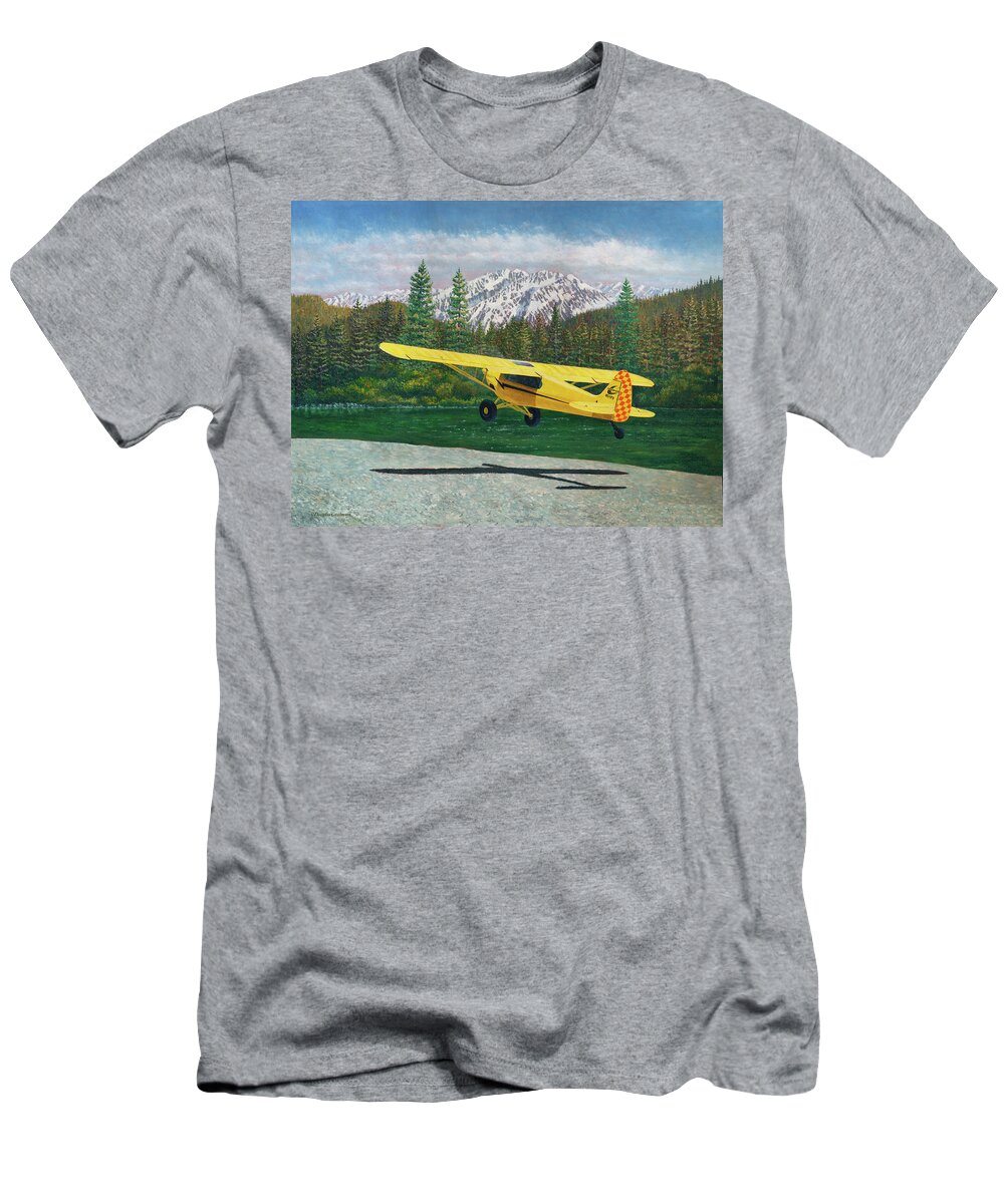 Aviation T-Shirt featuring the painting Carbon Cub Riverbank Takeoff by Douglas Castleman