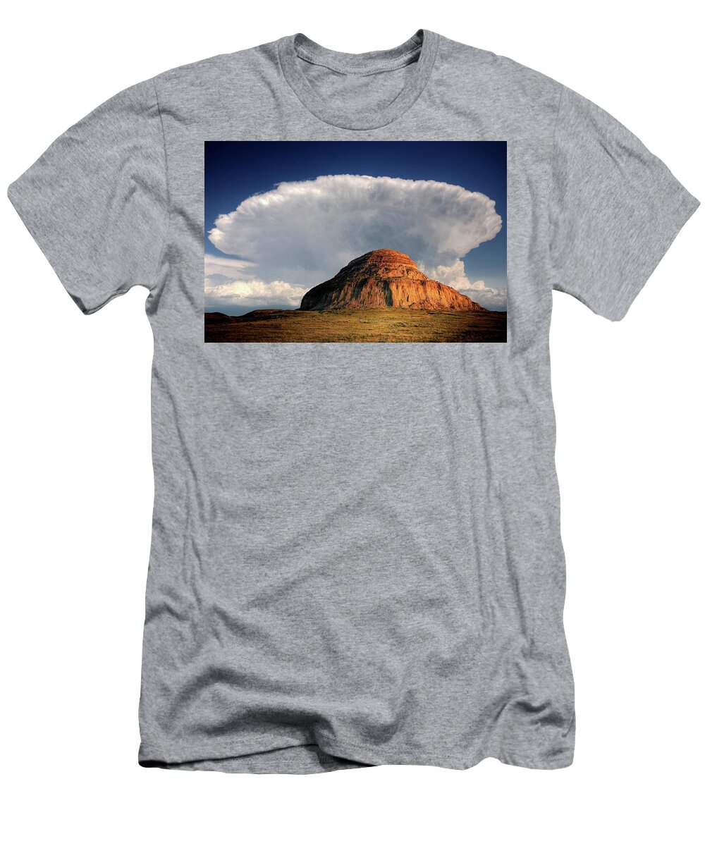 Cumulonimbus T-Shirt featuring the digital art Castle Butte in Big Muddy Valley of Saskatchewan by Mark Duffy
