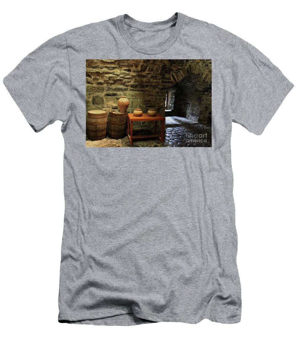 Donegal On Your Wall T-Shirt featuring the photograph Donegal Castle Interior with Barrels and Pots by Eddie Barron