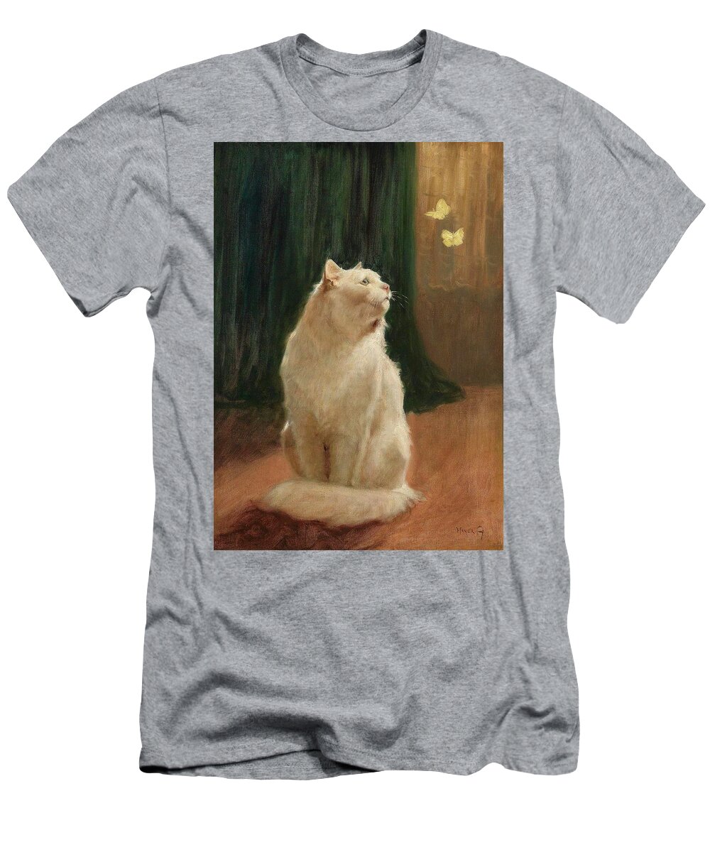 Arthur Heyer (1872-1931) T-Shirt featuring the painting Cat And Butterflies by Arthur Heyer