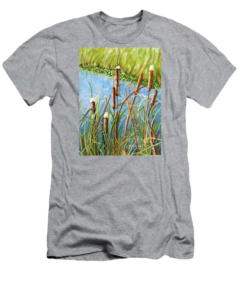 Cattails Watercolor T-Shirt featuring the painting Cattails by Sally Storey Jones