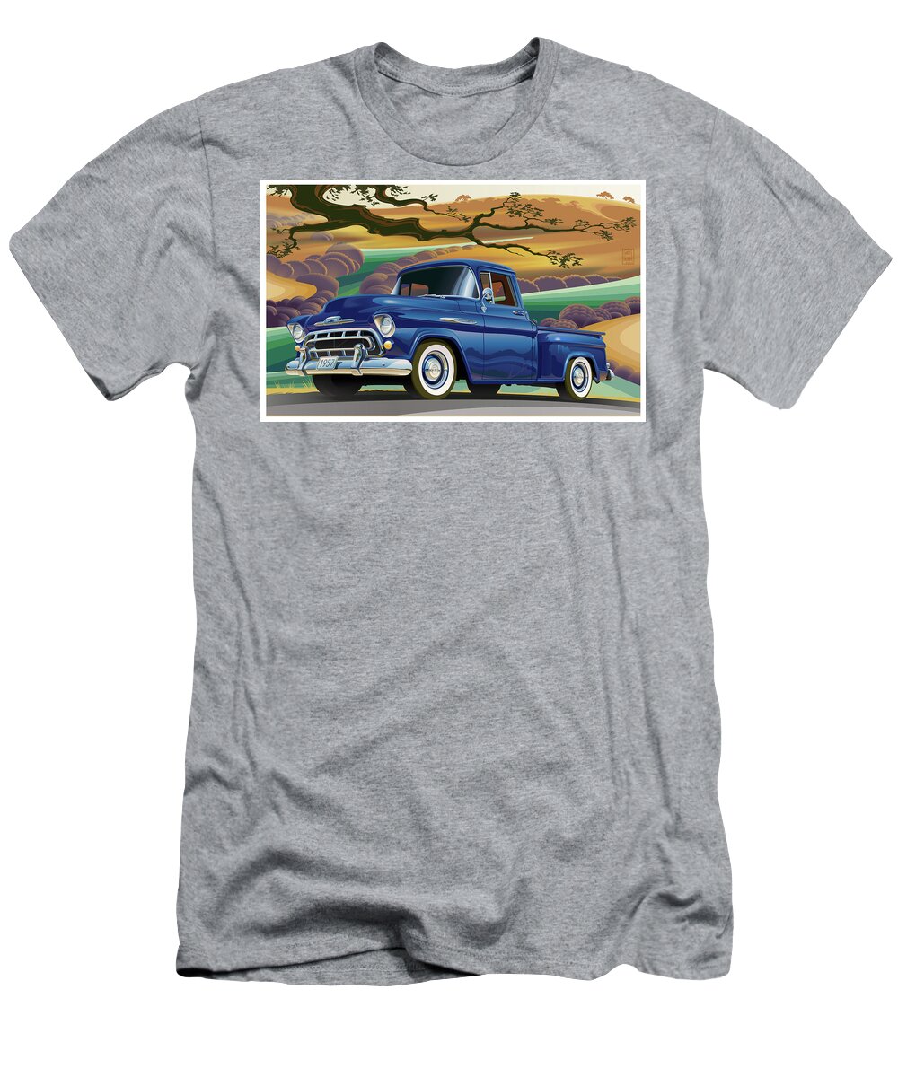 1957 Chevrolet 3100 Truck T-Shirt featuring the digital art 1957 Chevrolet 3100 Truck Under a California Oak by Garth Glazier