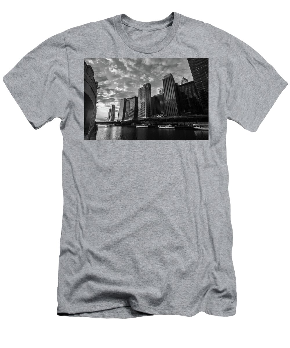 Chicago T-Shirt featuring the photograph Chi Sunrise Black and White by D Justin Johns