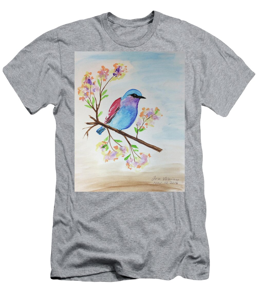 Watercolor T-Shirt featuring the painting Chickadee on a branch by Martin Valeriano