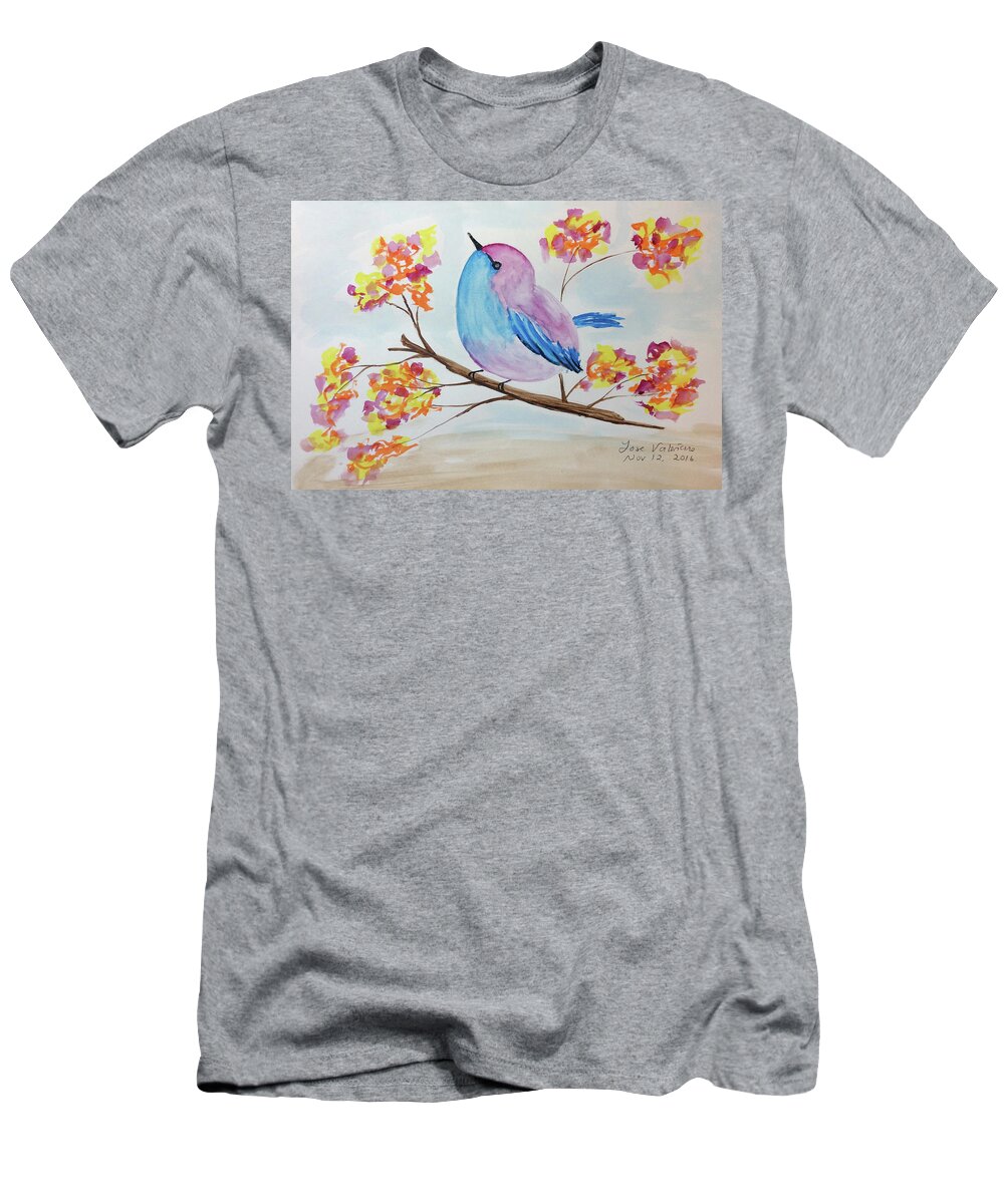 Watercolor T-Shirt featuring the painting Chickadee on a branch with head up by Martin Valeriano