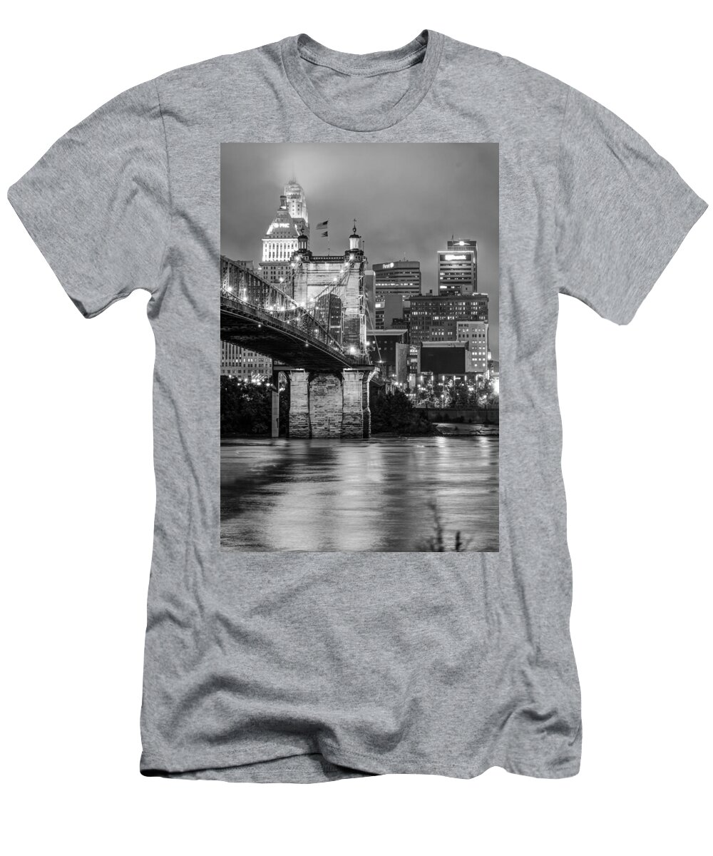 Cincinnati T-Shirt featuring the photograph Cincinnati Ohio Skyline and Bridge - Black and White by Gregory Ballos
